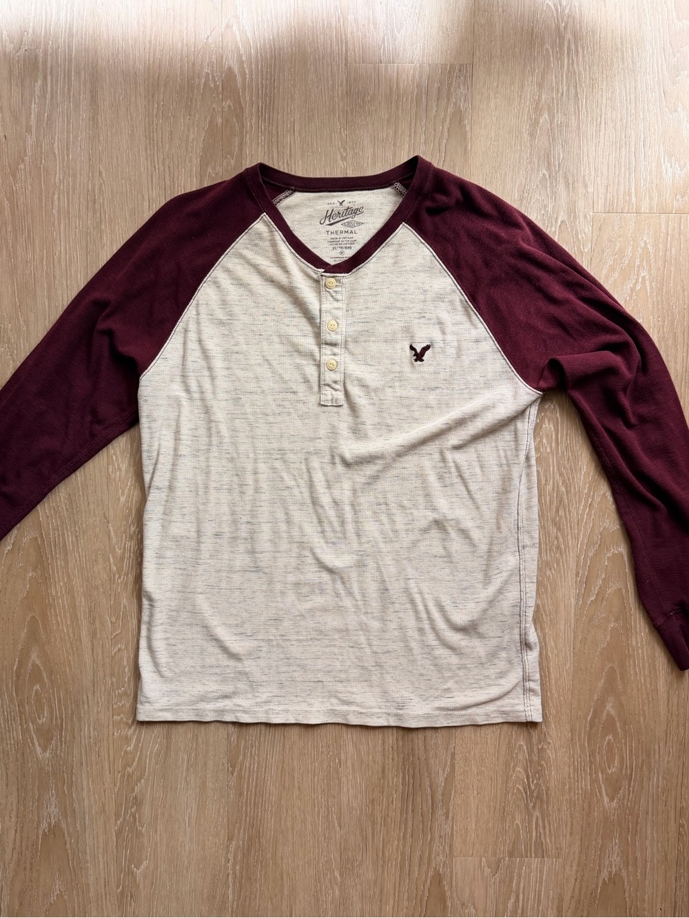 Vintage American Eagle Maroon & Cream Henley Thermal Long Sleeve Shirt